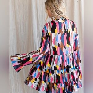 Jodifl Geometric Babydoll Tunic Top Bell Sleeves Tiered Boho Small NWT